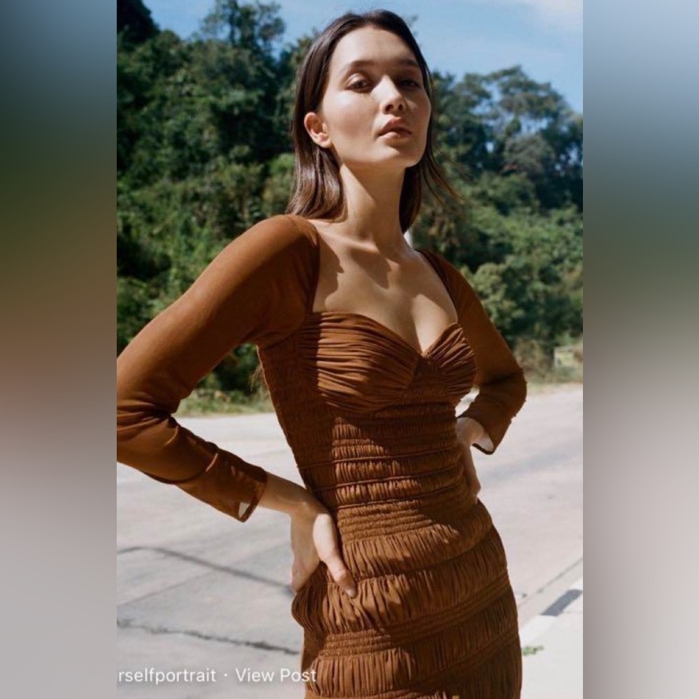 Seen in Magazines Self Portrait Caramel Shirred Midi Dress Size 6 US, 10 UK NWT - Picture 5 of 8